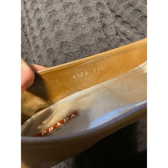 Prada Tan Leather Loafers with Gold Hardware & Kitten Heel, Size 9 - Picture 7 of 9